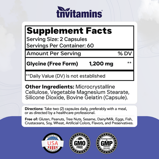 TNVitamins Glycine 1200mg Per Serving, Free Form Amino Acid Supplement, Supports Relaxation & Restful Sleep*, Glycine Capsules, 120 Capsules
