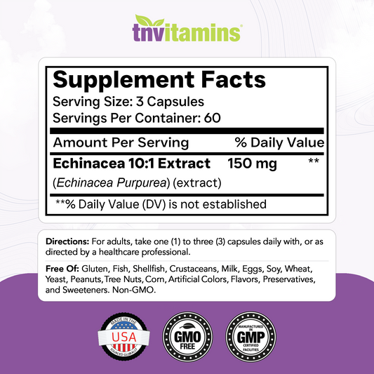 Echinacea Capsules (1500 MG - 180 Capsules) | Supports Health & Well-Being | Echinacea Root Herbal Extract Supplement | Produced in The USA | TNVitamins