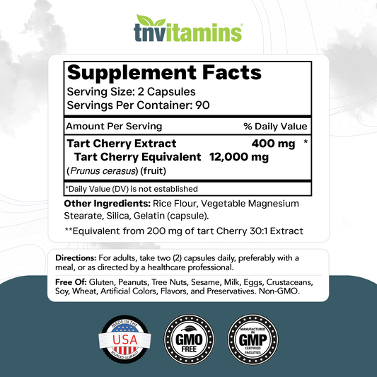 tnvitamins Tart Cherry Capsules 12,000 mg Per Serving - 180 Count | Ultra-Potent Tart Cherry Extract Capsules | Joint, Sleep, & Recovery Support* | High in Antioxidants | Non-GMO | Made in The USA!