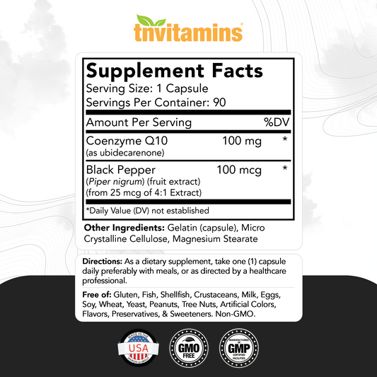 tnvitamins CoQ-10 100mg - 90 Capsules with Black Pepper Extract | Maximum Absorption Rapid Release Capsules | Coenzyme Q-10 Supplement | Powerful Free Radical Fighting Antioxidant