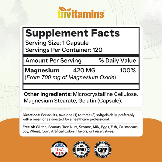 tnvitamins Magnesium Oxide 420mg - 120 Capsules | 4 Month Supply! | 100% Daily Value of Magnesium Oxide in One Capsule | Oxido de Magnesio | Non-GMO, Made in The USA