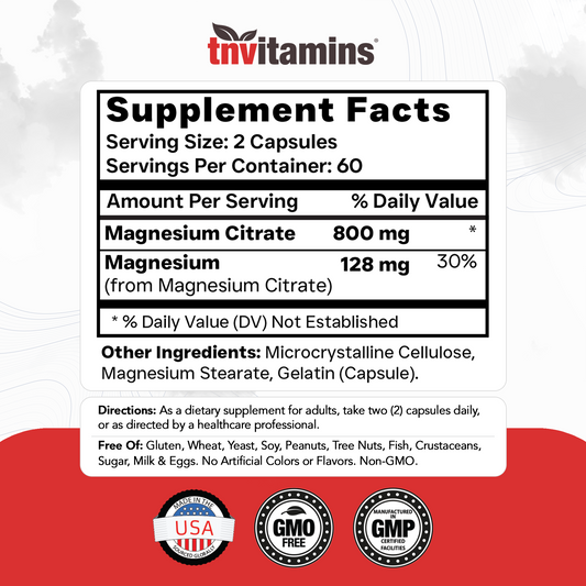 TNVitamins Magnesium Citrate 800 MG - 120 Capsules | Two Month Supply! | Pure Magnesium Citrate Powder Capsules | Citrato De Magnesio | Non-GMO | Produced in The USA!