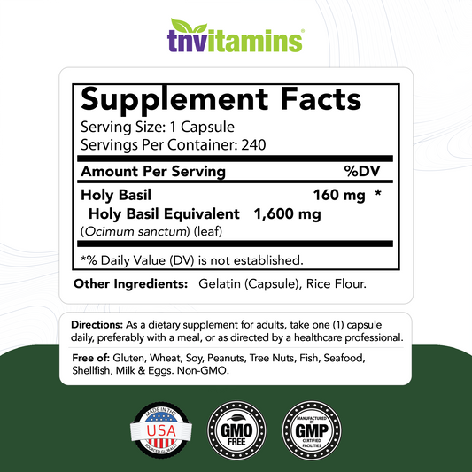 Tulsi Holy Basil Capsules (1600 MG - 240 Capsules) | May Promote Stress & Frustration Relief* | Tulsi Holy Basil Leaf Powder Extract | Adaptogenic, & Ayurvedic Herb | TNVitamins