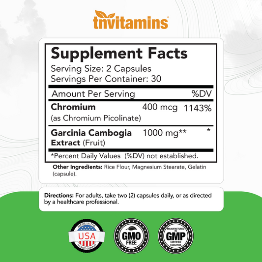 Garcinia Cambogia Extract Capsules (1000 MG - 60 Pills) with HCA & Chromium | Weight Loss Pills for Women & Men* | Appetite Suppressant for Weight Loss | by TNVitamins