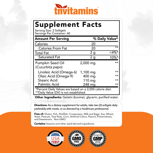 tnvitamins Pumpkin Seed Oil - 2000 mg Per Serving - 120 Softgels | Pumpkin Seed Oil for Hair Growth* | Pumpkin Seed Oil Extract Supplement for Bladder Control* | Non-GMO
