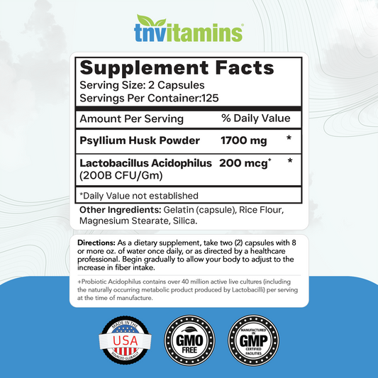 Psyllium Husk Capsules | 1700 MG - 250 Capsules | with Probiotic Acidophilus | Extra Strength Soluble & Dietary Fiber Supplement | Supports Digestive Health | by TNVitamins
