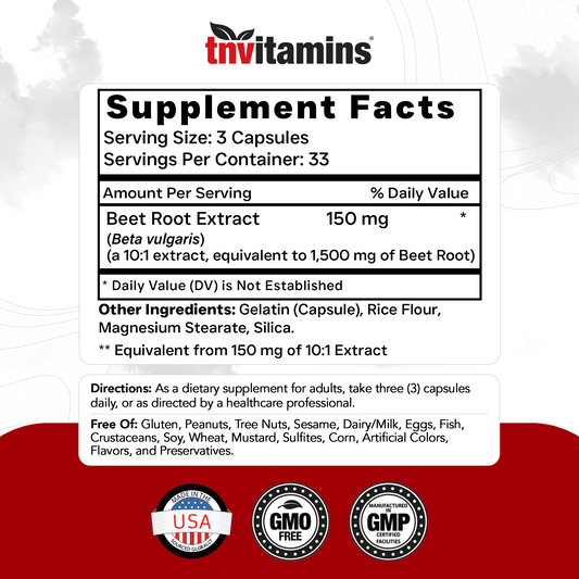Beet Root Capsules | 1500 Mg - 100 Capsules | Beet Root Powder Extract Capsules | Supports Cardiovascular & Heart Health* | Non-GMO & Gluten-Free | Produced in the USA | TNVitamins