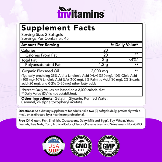 tnvitamins Organic Flaxseed Oil Softgels: 2000 mg - 90 Softgels | High in Omega-3 Fatty Acids | Flaxseed Oil Supplement for Women & Men | Non-GMO