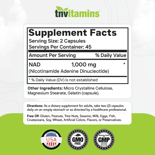 tnvitamins NAD+ Supplement 1,000 mg Per Serving - 90 Count | High Potency NAD Capsules | Nicotinamide Adenine Dinucleotide | NAD Plus Support for Energy & Vitality