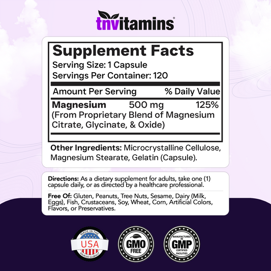 Triple Magnesium Complex Supplement 500mg: Magnesium Glycinate, Citrate, & Oxide - 120 Capsules (4 Month Supply!) | 1 Capsule Serving Provides 125% Daily Value | Non-GMO, Made in The USA!
