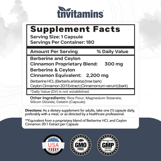 tnvitamins Berberine with Ceylon Cinnamon: 2200 mg Per Capsule - 180 Capsules | 6 Month Supply