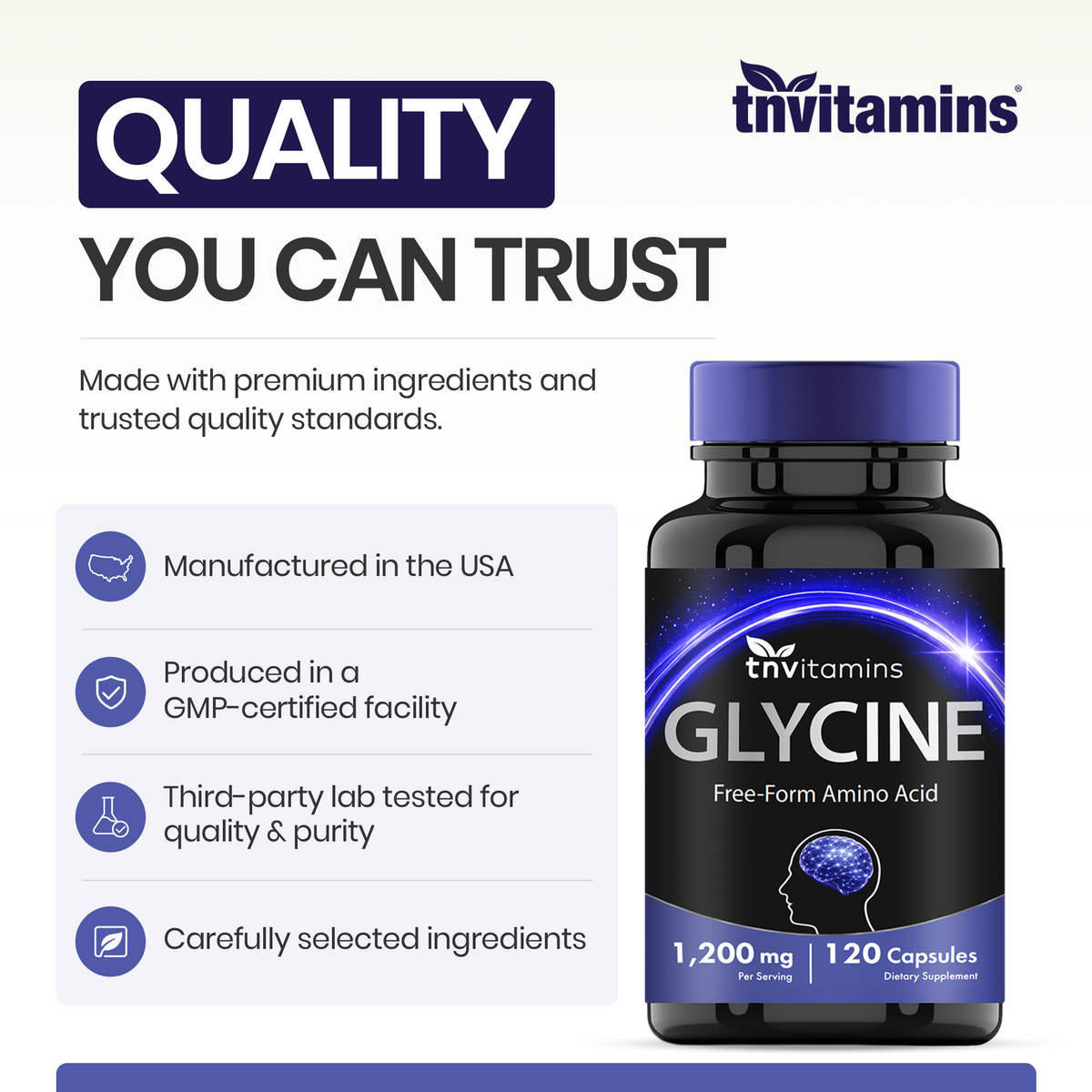 TNVitamins Glycine 1200mg Per Serving, Free Form Amino Acid Supplement, Supports Relaxation & Restful Sleep*, Glycine Capsules, 120 Capsules