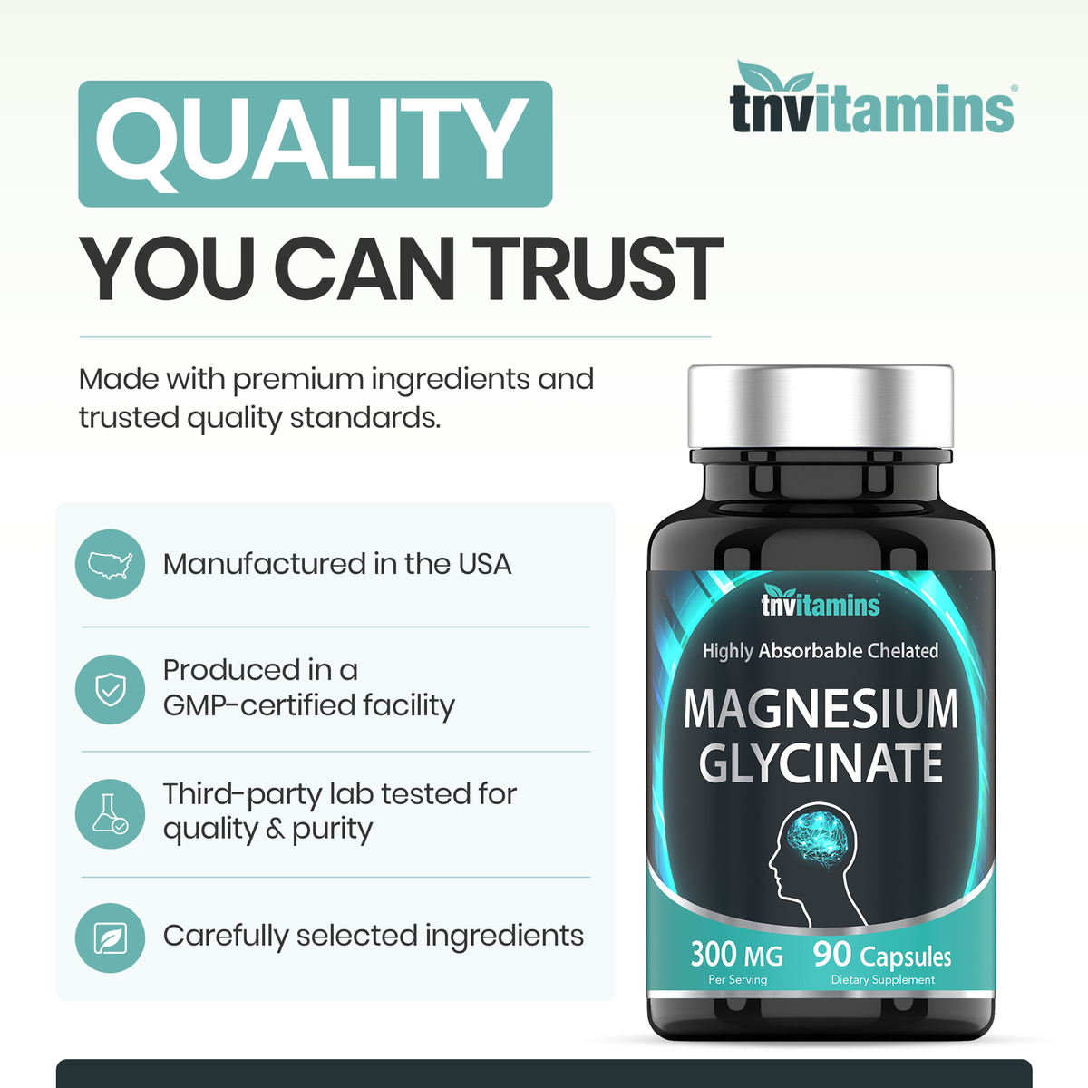 Magnesium Glycinate Capsules (300 MG Per Serving - 90 Count) | Pure Chelated Magnesium Bisglycinate Powder Supplement | Glicinato de Magnesio | for Sleep, Calm, Nerve, & Stress Support* | TNVitamins