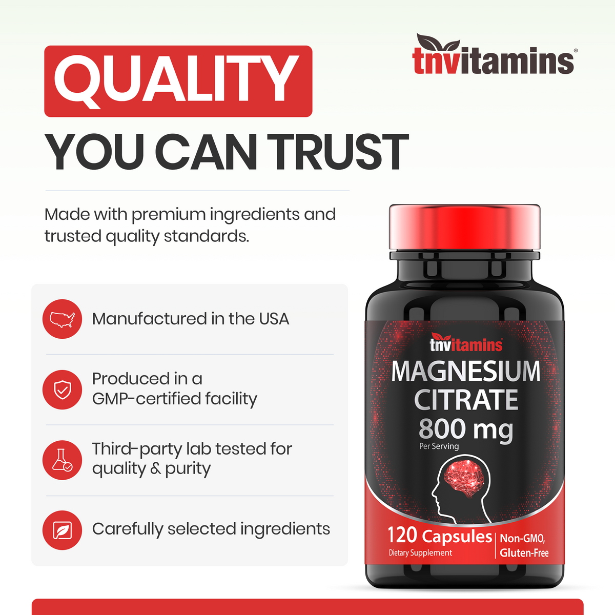 TNVitamins Magnesium Citrate 800 MG - 120 Capsules | Two Month Supply! | Pure Magnesium Citrate Powder Capsules | Citrato De Magnesio | Non-GMO | Produced in The USA!
