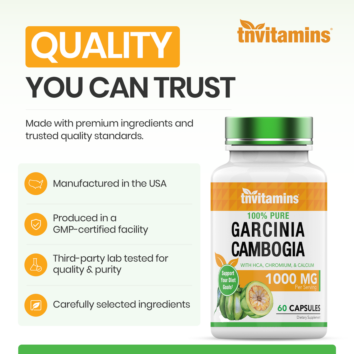 Garcinia Cambogia Extract Capsules (1000 MG - 60 Pills) with HCA & Chromium | Weight Loss Pills for Women & Men* | Appetite Suppressant for Weight Loss | by TNVitamins