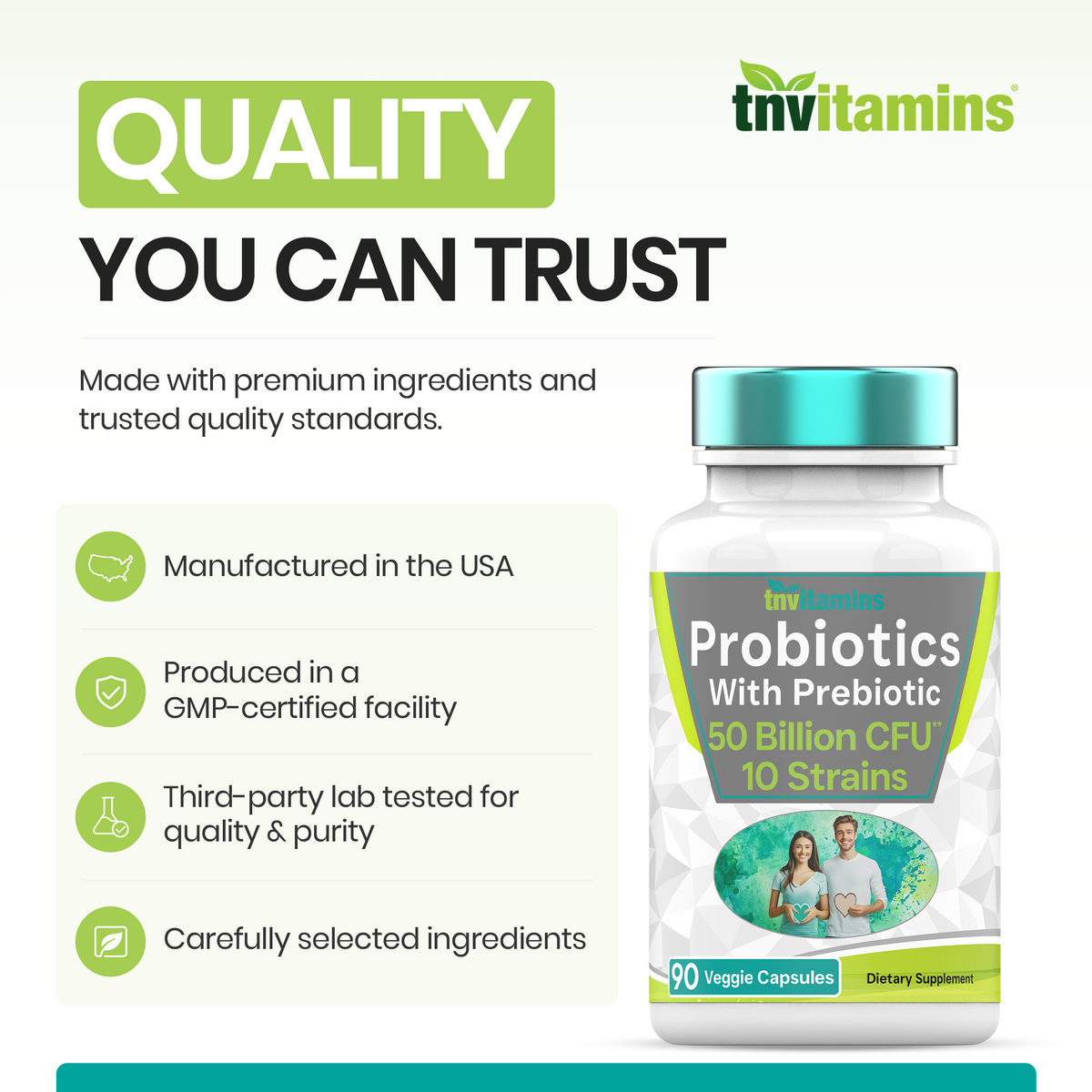 Probiotics with Prebiotic: 50 Billion CFU - 10 Strain - 90 Vegetarian Capsules | with Acidophilus Probiotic for Digestive Health, Gut Health, & Immune Support* | for Men & Women