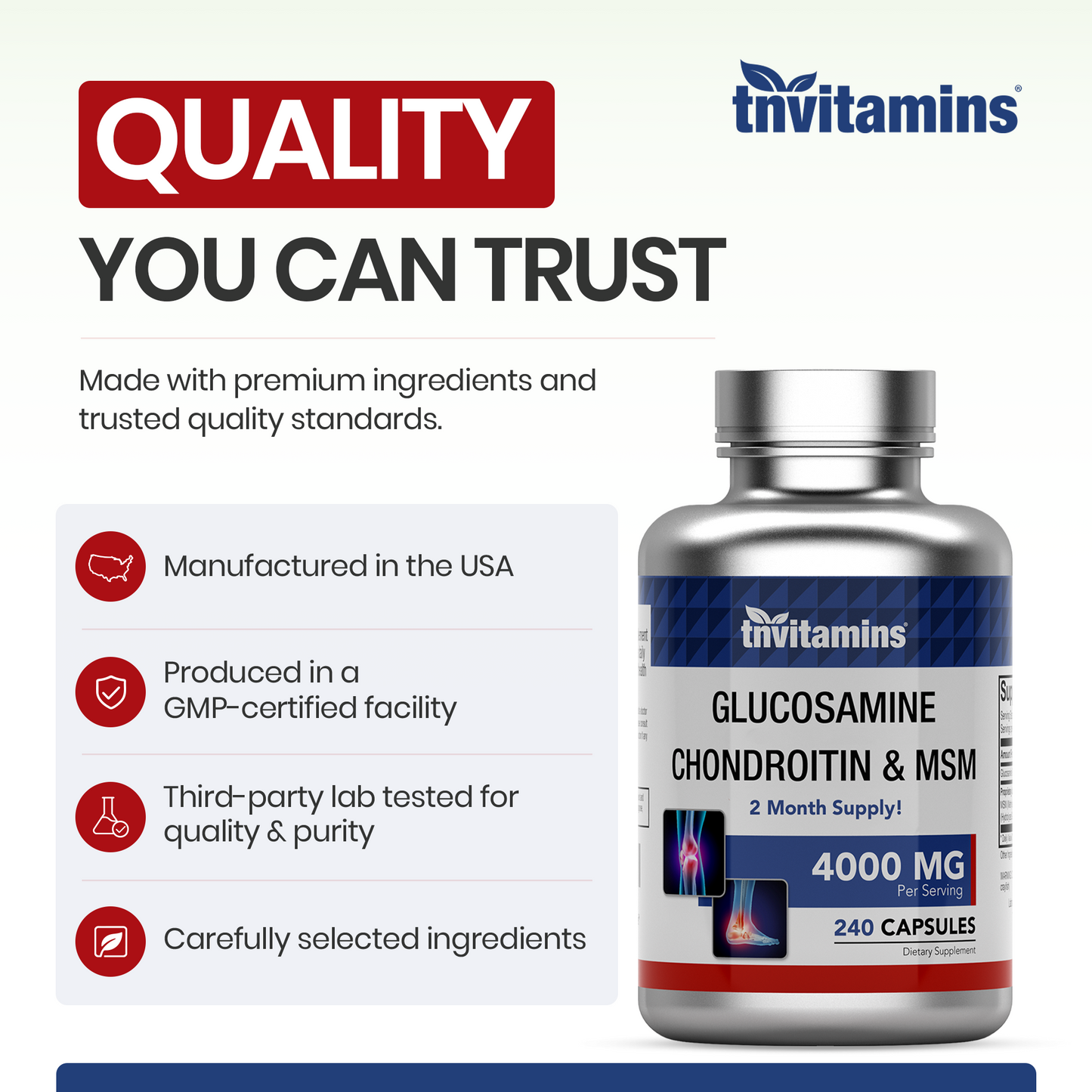 tnvitamins Glucosamine Chondroitin MSM Capsules, 240 Count | 4,000 mg Per Serving | 2,000 mg Glucosamine Sulfate 2KCl + MSM & Chondroitin | Joint Support Supplement