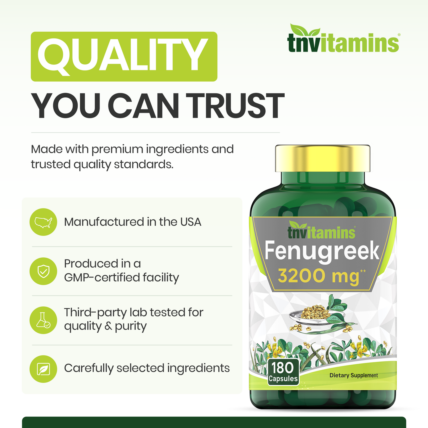 tnvitamins Fenugreek Capsules: 3200 mg - 180 Capsules | Fenugreek Supplement for Men & Women | Fenugreek Seed Powder Extract | Non-GMO | Made in The USA!