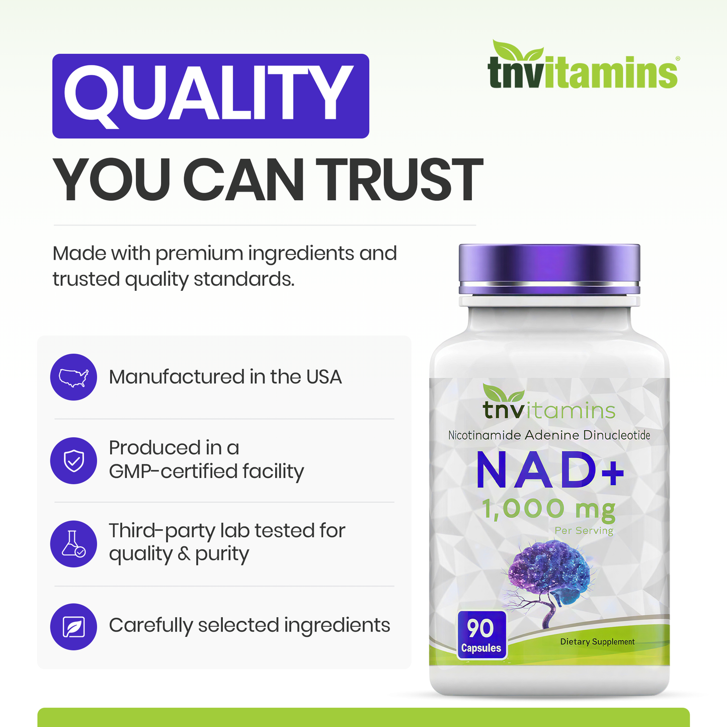 tnvitamins NAD+ Supplement 1,000 mg Per Serving - 90 Count | High Potency NAD Capsules | Nicotinamide Adenine Dinucleotide | NAD Plus Support for Energy & Vitality