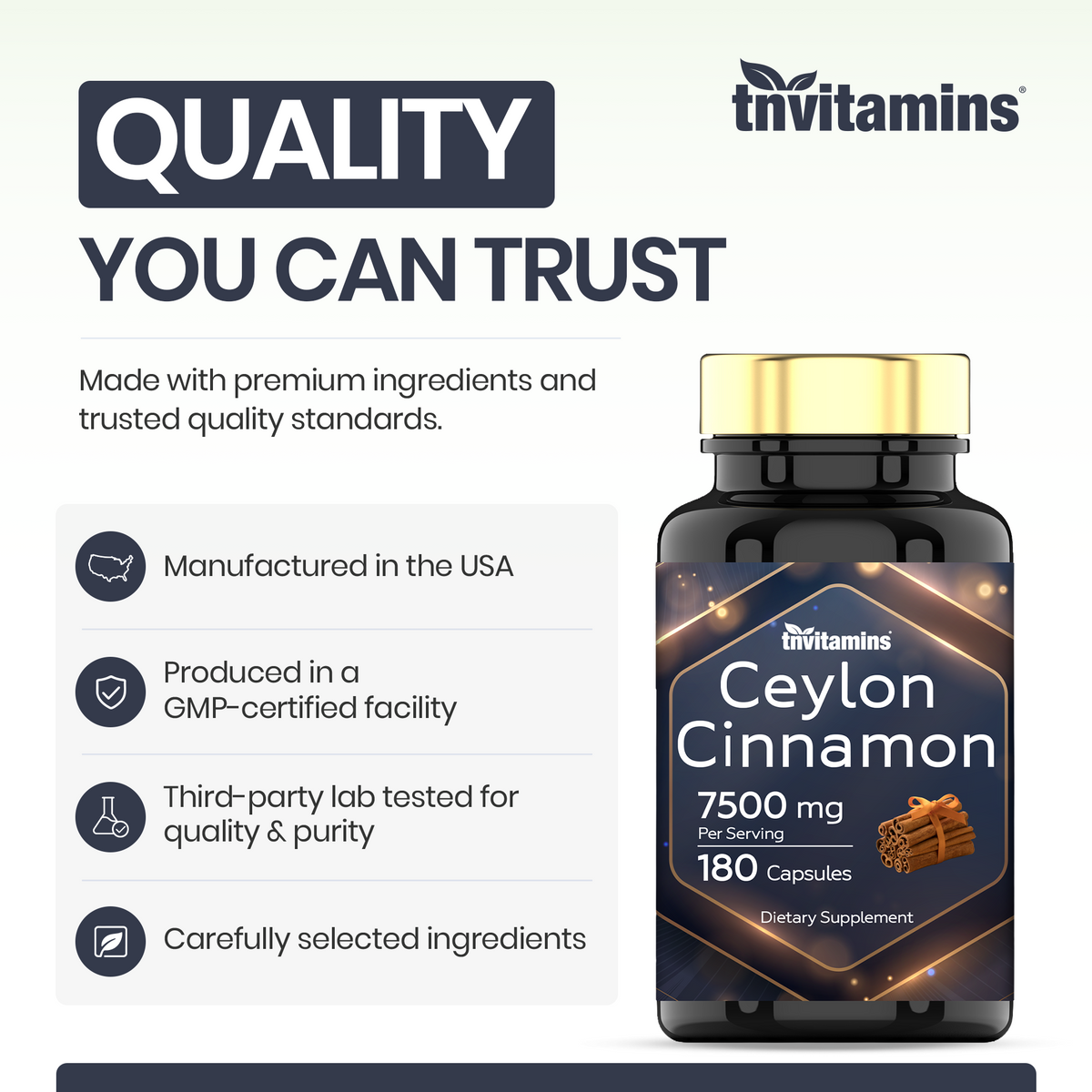 tnvitamins Ceylon Cinnamon Capsules 7500mg Per Serving - 180 Capsules | High Potency Ceylon Cinnamon Powder Pills for Women & Men