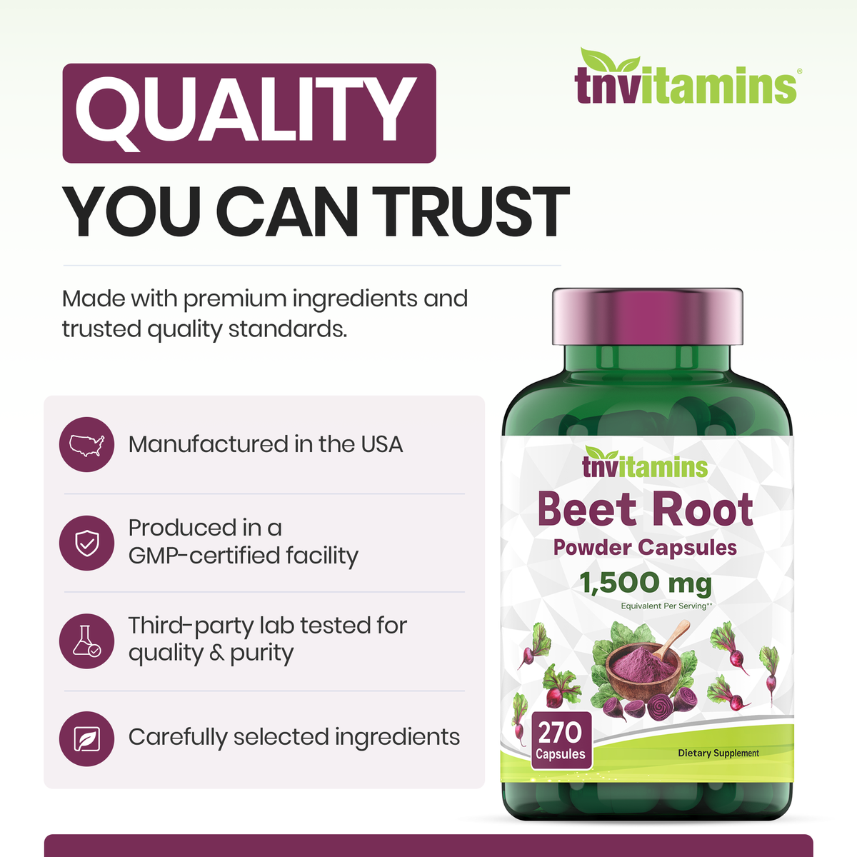 tnvitamins Beet Root Capsules 15,00 Mg Per Serving - 270 Capsules | Beet Root Powder Extract | Non-GMO & Gluten-Free | Produced in The USA