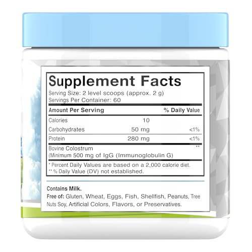 tnvitamins Colostrum Powder – 25% IgG | Grass-Fed Bovine Colostrum Supplement | Unflavored | 120g (4.3 oz) – 60 Servings | Non-GMO, No Additives