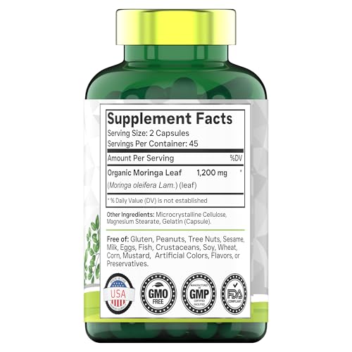 tnvitamins Organic Moringa Powder Capsules: 1,200 mg per Serving, 90 Count | Superfood Supplement for Energy & Vitality* | Organic Moringa Leaf – Non-GMO, Gluten-Free, Made in The USA