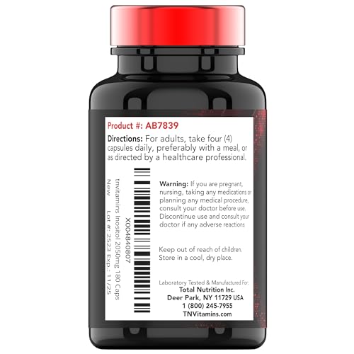 tnvitamins Inositol: 2,050mg - 180 Capsules | Inositol Powder Capsules for Women & Men | 40:1 Ratio of Myo-Inositol to D-Chiro Inositol | Made in The USA!