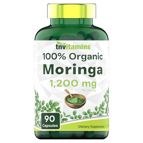 tnvitamins Organic Moringa Powder Capsules: 1,200 mg per Serving, 90 Count | Superfood Supplement for Energy & Vitality* | Organic Moringa Leaf – Non-GMO, Gluten-Free, Made in The USA