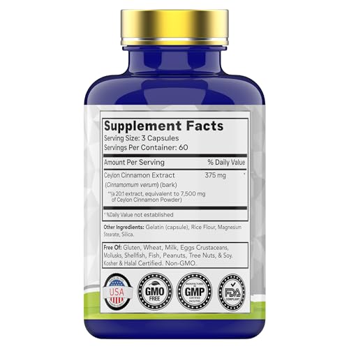 tnvitamins Ceylon Cinnamon 180 Capsules: Equivalent to 7,500 mg Per Serving | High Potency Ceylon Cinnamon Powder Pills for Women & Men