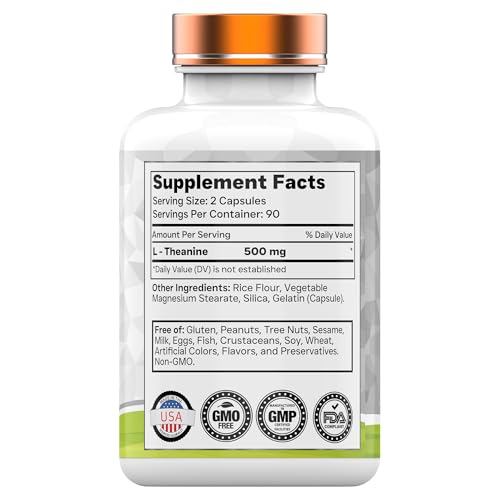 L-Theanine 500 mg Per Serving - 180 Capsules | Keep Calm, Cool, Collected, Alert, & Focused | L-Theanine Supplement May Support Mood, Brain, & Cognitive Function* | Non-GMO, Made in The USA!