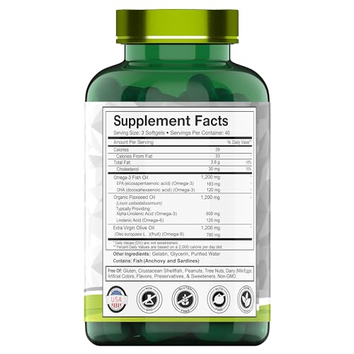 Triple Omega 3◆ 6◆ 9: 3600mg - 120 Softgels | Omega Essential Fatty Acids from Fish Oil (EPA & DHA), Flaxseed Oil (ALA & LA), & Olive Oil (OA) | Omega 3-6-9 Supplement for Women & Men | Non-GMO