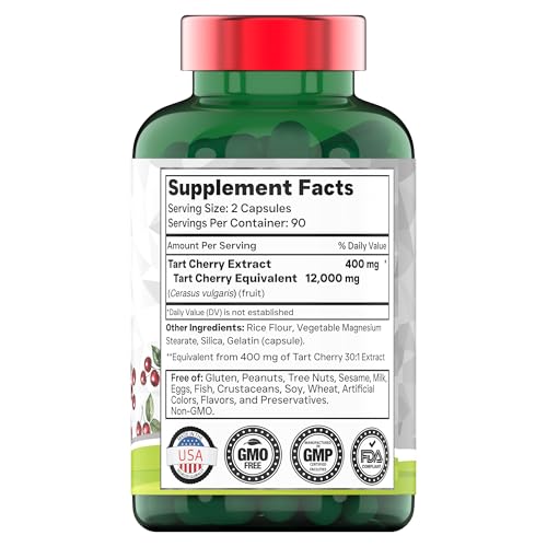 tnvitamins Tart Cherry Capsules 12,000 mg Per Serving - 180 Count | Ultra-Potent Tart Cherry Extract Capsules | Joint, Sleep, & Recovery Support* | High in Antioxidants | Non-GMO | Made in The USA!