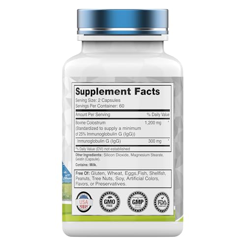 Colostrum Supplement 1,200 mg Per Serving, 120 Capsules | Standardized to 25% IgG (Immunoglobulin G) | Grass-Fed Bovine Colostrum Powder Caps | Immune Support Supplement | Non-GMO, Made in the USA!