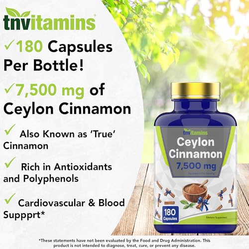 tnvitamins Ceylon Cinnamon 180 Capsules: Equivalent to 7,500 mg Per Serving | High Potency Ceylon Cinnamon Powder Pills for Women & Men