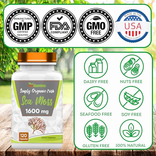 tnvitamins Organic Irish Sea Moss: 1600mg x 120 Capsules | Two Month Supply Simply Organic Sea Moss Powder Capsules are Highly Potent, and Absorbable! | Non-GMO | Made in The USA!