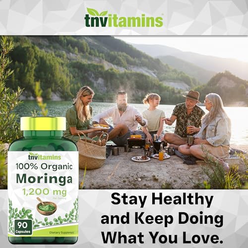 tnvitamins Organic Moringa Powder Capsules: 1,200 mg per Serving, 90 Count | Superfood Supplement for Energy & Vitality* | Organic Moringa Leaf – Non-GMO, Gluten-Free, Made in The USA