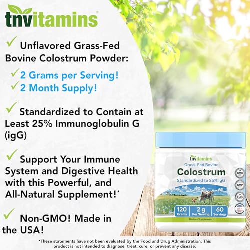 tnvitamins Colostrum Powder – 25% IgG | Grass-Fed Bovine Colostrum Supplement | Unflavored | 120g (4.3 oz) – 60 Servings | Non-GMO, No Additives