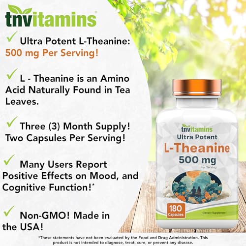 L-Theanine 500 mg Per Serving - 180 Capsules | Keep Calm, Cool, Collected, Alert, & Focused | L-Theanine Supplement May Support Mood, Brain, & Cognitive Function* | Non-GMO, Made in The USA!