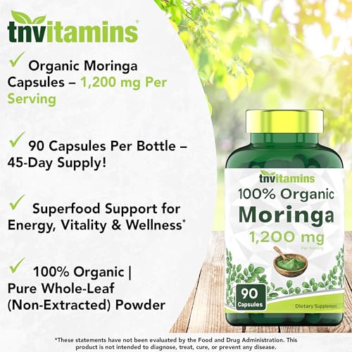 tnvitamins Organic Moringa Powder Capsules: 1,200 mg per Serving, 90 Count | Superfood Supplement for Energy & Vitality* | Organic Moringa Leaf – Non-GMO, Gluten-Free, Made in The USA