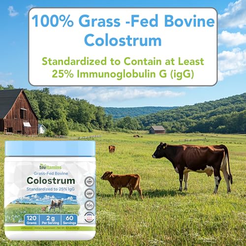 tnvitamins Colostrum Powder – 25% IgG | Grass-Fed Bovine Colostrum Supplement | Unflavored | 120g (4.3 oz) – 60 Servings | Non-GMO, No Additives