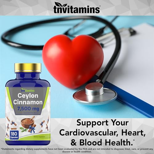 tnvitamins Ceylon Cinnamon 180 Capsules: Equivalent to 7,500 mg Per Serving | High Potency Ceylon Cinnamon Powder Pills for Women & Men