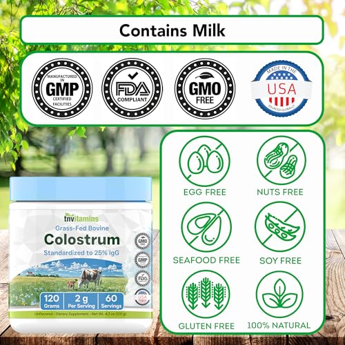 tnvitamins Colostrum Powder – 25% IgG | Grass-Fed Bovine Colostrum Supplement | Unflavored | 120g (4.3 oz) – 60 Servings | Non-GMO, No Additives