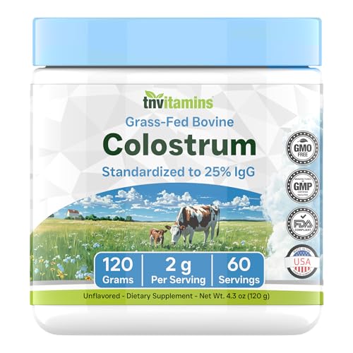 tnvitamins Colostrum Powder – 25% IgG | Grass-Fed Bovine Colostrum Supplement | Unflavored | 120g (4.3 oz) – 60 Servings | Non-GMO, No Additives