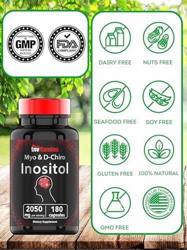 tnvitamins Inositol: 2,050mg - 180 Capsules | Inositol Powder Capsules for Women & Men | 40:1 Ratio of Myo-Inositol to D-Chiro Inositol | Made in The USA!