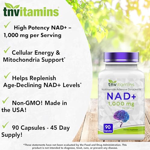 tnvitamins NAD+ Supplement 1,000 mg Per Serving - 90 Count | High Potency NAD Capsules | Nicotinamide Adenine Dinucleotide | NAD Plus Support for Energy & Vitality