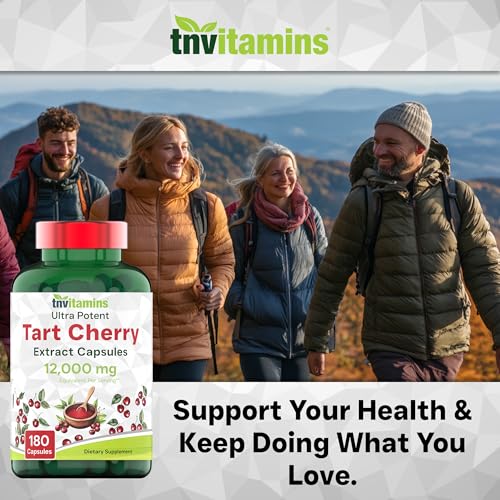 tnvitamins Tart Cherry Capsules 12,000 mg Per Serving - 180 Count | Ultra-Potent Tart Cherry Extract Capsules | Joint, Sleep, & Recovery Support* | High in Antioxidants | Non-GMO | Made in The USA!