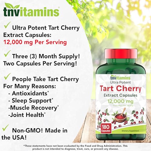 tnvitamins Tart Cherry Capsules 12,000 mg Per Serving - 180 Count | Ultra-Potent Tart Cherry Extract Capsules | Joint, Sleep, & Recovery Support* | High in Antioxidants | Non-GMO | Made in The USA!