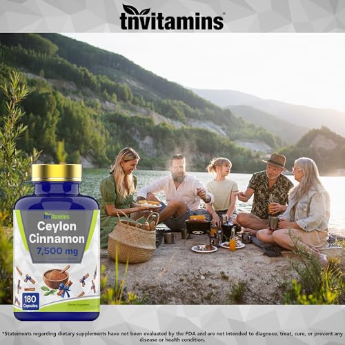 tnvitamins Ceylon Cinnamon 180 Capsules: Equivalent to 7,500 mg Per Serving | High Potency Ceylon Cinnamon Powder Pills for Women & Men