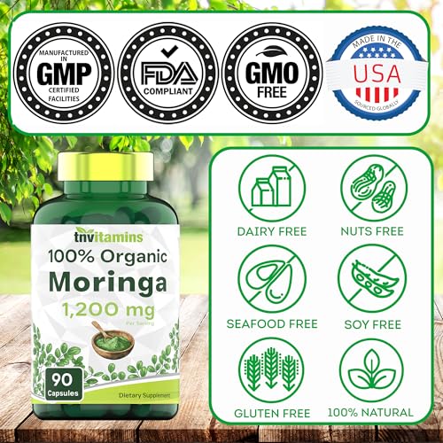 tnvitamins Organic Moringa Powder Capsules: 1,200 mg per Serving, 90 Count | Superfood Supplement for Energy & Vitality* | Organic Moringa Leaf – Non-GMO, Gluten-Free, Made in The USA
